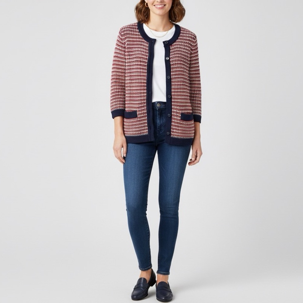 Talbots Cardigan Size M Petite Red, Blue and White Classic Chunky
